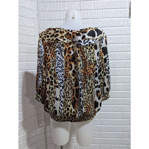 Peter Nygard Women's Leopard Print 3/4 Sleeve Ruffled Smocked Blouse Top Small - Picture 4 of 7
